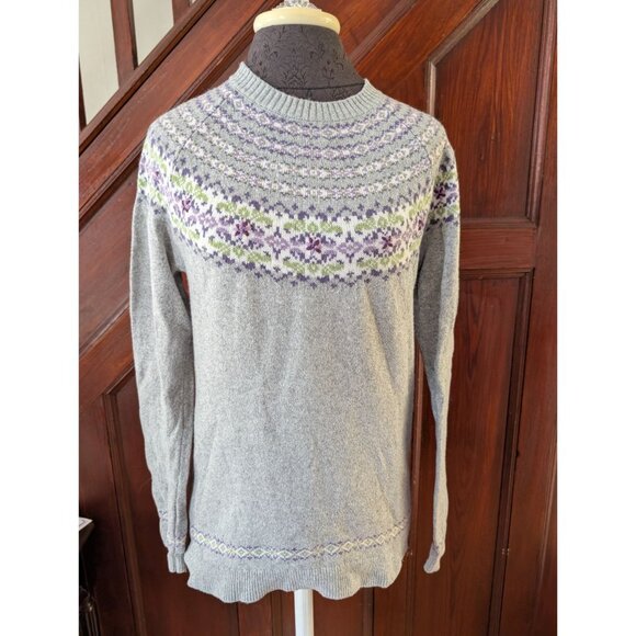 Appleseeds Womens Gray Fair Isle Knit Sweater M 100% Wool Floral Pattern - Picture 1 of 7